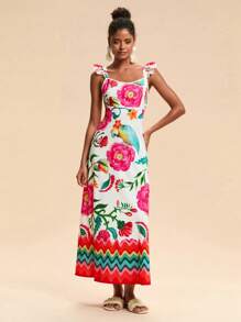 Travachic Vestido feminino com estampa de manga curta e gola quadrada, roupas de verão para mulheres, roupas de praia, Páscoa, roupas de praia para mulheres, férias de primavera, roupas de férias femininas, roupas de show femininas, BOHO, boêmia, festival de música, roupas femininas de férias tropicais