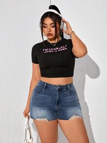 SHEIN ICON Plus Size Ripped Skinny Pocket Jean Shorts, Sexy For Summer - Blue - View 4