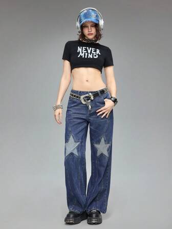 Grunge Punk Jeans con gamba dritta e vita ultra bassa, stile "Y2K Baddie" con stampa a stelle
