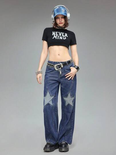 Grunge Punk Jeans de cintura ultra baja, pierna recta y holgada con estampado de estrella, estilo "Y2K Baddie"