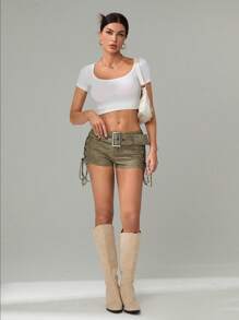 SHEIN Tall Solid Color Faux Leather Low Waist Grommet Laced Shorts,Low Rise Shorts - Army Green - View 5