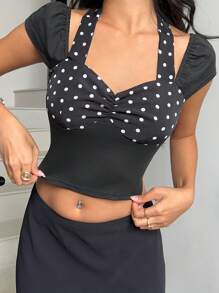 Sunnyshic Women's Ruffle Neck Polka Dot Splice Short Sleeve T-Shirt - Black and White - View 3