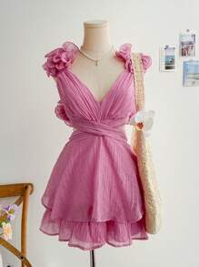 Soleia 度假风女士浪漫褶皱 V 领深 V 褶皱后背交叉系带腰部分层连身裤，西瓜红，非常适合约会和度假 - 玫紅色 - 查看 8