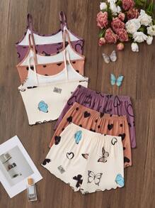 Snug Zone 3 pièces Set Débardeur et Short Pyjama Imprimé Papillon et Cœur
