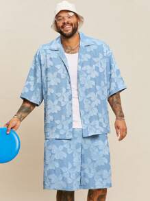 EASEVO Plus Size Men's Denim Effect Cutout Half Sleeve Blue Shirt And Shorts Set, Suitable For Summer