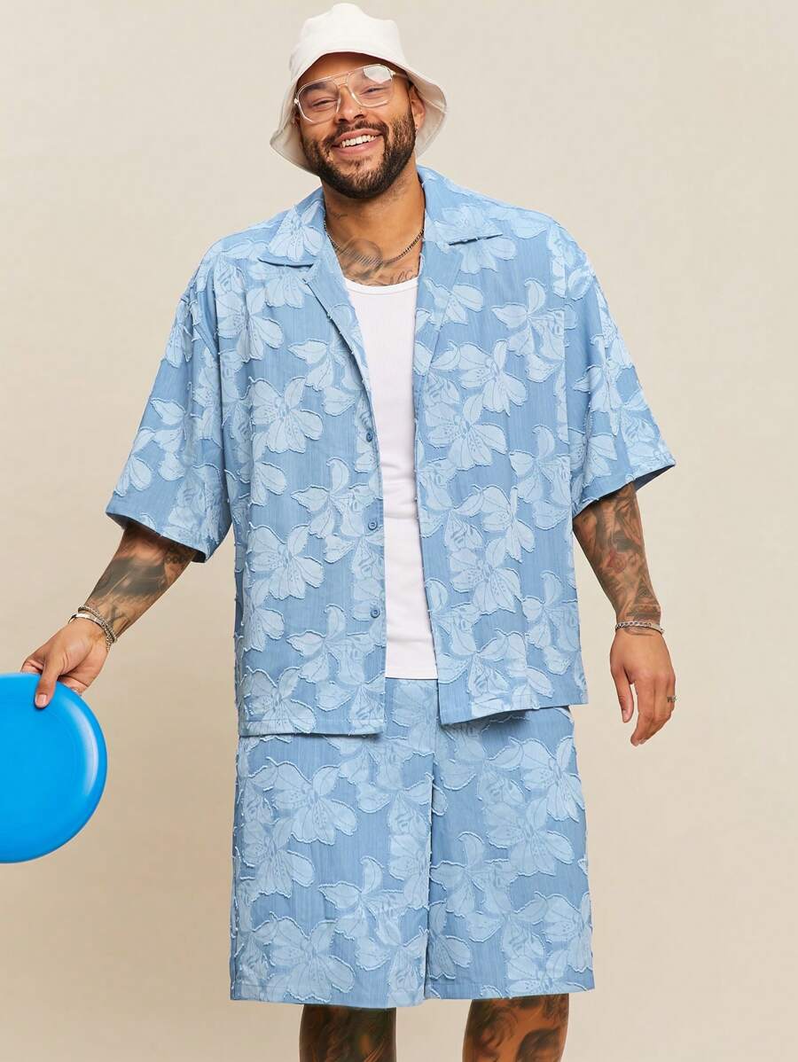 EASEVO Plus Size Men's Denim Effect Cutout Half Sleeve Blue Shirt And Shorts Set, Suitable For Summer