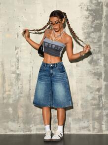 SHEIN ICON Women's Solid Color Pocket Loose Fashion Denim Shorts - Blue - View 6