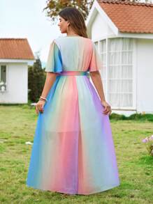 SHEIN Clasi Women Plus Size Rainbow Color V-Neck Ruffle Sleeve Dress - Multicolor - View 2