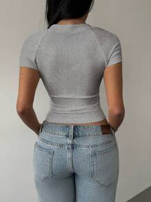 SHEIN BASICS Plain Knitted Cropped Fitted Top For Women With Transformable Collar - Grey - View 2