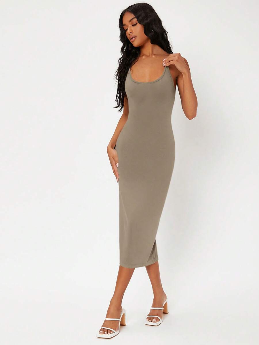 SHEIN BASICS Solid Form Fitted Slip Casual Dinner Dating Dress, Going Out - Brown - View 1