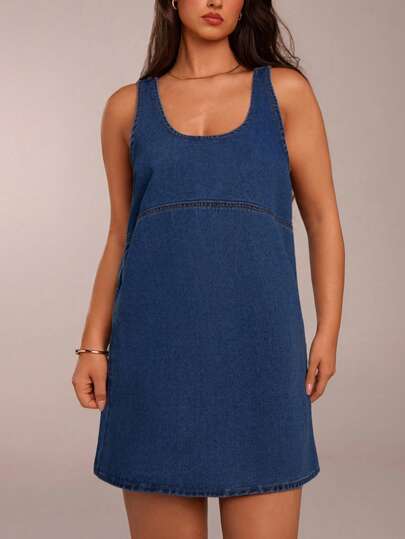 SHEIN Forever 21 Summer Women Prom/Formal/Beach/Vacation/Cute/Western Wear/Business Casual/Elegant/Birthday/Going Out/Club/Office Outfits/Festival/Rave Outfits/Work Clothes/Classy/Country Concert/Brunch/Cruise/Old Money/Airport/Modest/Church/Fairycore//Sexy/Funny/Hippie/Tea Party/Y2k/Streetwear/2000s/Disco/Spring Break/Graduation/Wedding Guest/Cocktail/Vintage/Bodycon/Resort/Cowgirl/Sleeveless/A Line/Dark Blue/ Plus Size Mini Denim Dress