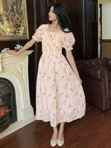 DAZY Đầm dài tay phồng kiểu Pháp họa tiết hoa nhí thời trang, thắt eo, kiểu cổ tích, thích hợp cho mùa hè. - Màu be - Xem 5