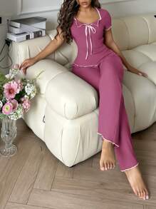 SHEIN Bộ đồ ngủ thường ngày màu tương phản phong cách INS và quần dài - Màu tím - Xem 5