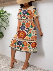 EMERY ROSE Plus Size Women's Vintage Floral Print Casual Dress Resort Wear Ladies Summer Clothing Suitable For Going Out Chic Dress