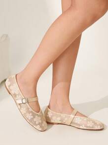 CUCCOO CHICEST Women's Summer New Mesh Sequin Square Toe Flat Elegant Casual Champagne Mesh Flat Mary Jane Shoes For Afternoon Tea, Date, Elegant Outfit, School Style, Party