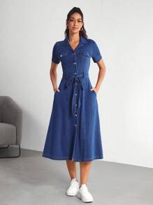 SHEIN Essnce Women's Denim Dress Short Sleeve, Fashionable For Summer - Blue - View 3