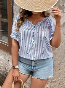 SHEIN Clasi 大码女式法式休闲夏季条纹心形印花短袖衬衫 - 藍白色 - 查看 5