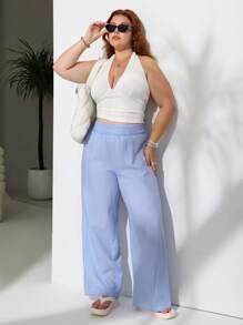 SHEIN EZwear 加大码纯色露背无袖吊带背心和条纹印花松紧腰裤两件套 - 白色 - 查看 4