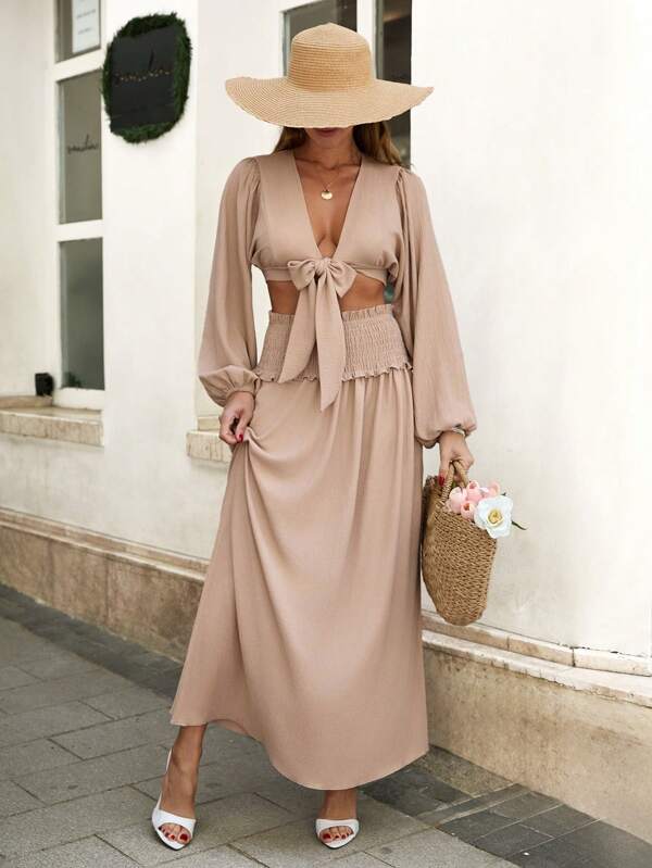 SHEIN Set de 2 bucăți de bluză și fuste lungi decupate în față cu mânecă lungă, cu umăr căzut, 2 buc, primăvară vară, stil elegant
