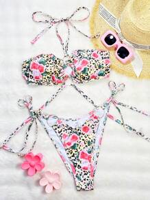 SHEIN Multicolor New Summer Leopard Floral Metal Ring Halter Tie Knot Hollow Sexy Beach Bikini Set, Women Two Pieces Swimsuit - Multicolor - View 8