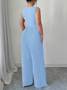 SHEIN PETITE Mono de mujer de talla grande con cuello en V fruncido, cintura con cordón y pantalones anchos, elegante para uso casual, trabajo, viajes y días festivos