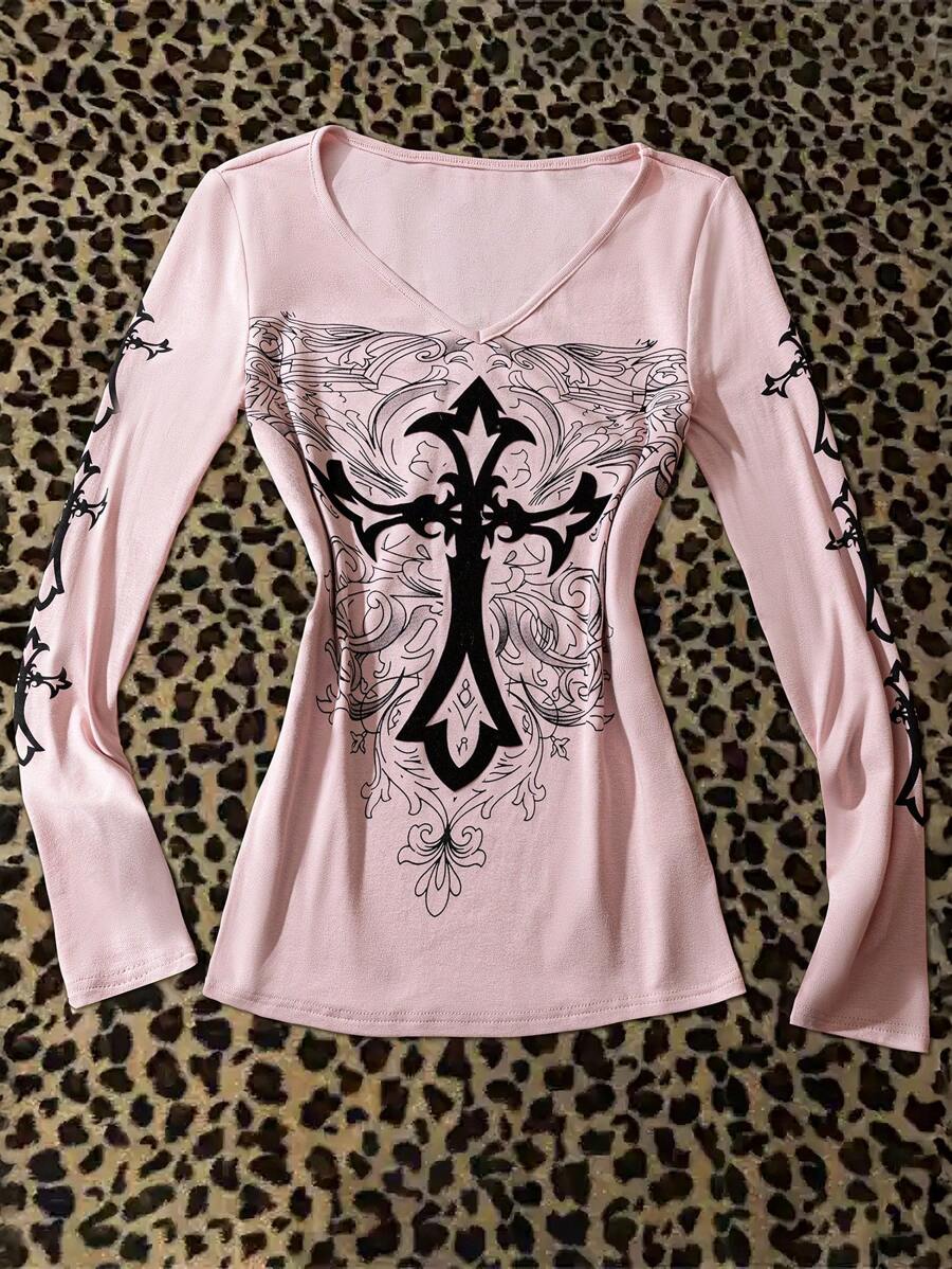 INAWLY Women's V-Neck Cross Print Long Sleeve Fashion T-Shirt - Pink - View 1
