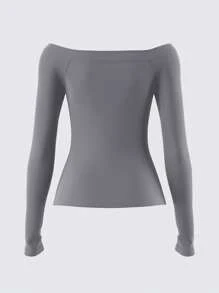 SHEIN BASICS Solid Color Off Shoulder Long Sleeve Fitted Regular Knit Top For Women, Casual - Grey - View 3