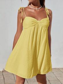SHEIN EZwear 女士夏季休闲纯色纹理宽松褶皱吊带背心连衣裙 - 黃色 - 查看 3