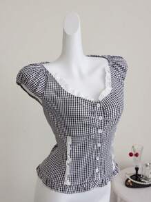 Elamini Black & White Checkered Short Sleeve Shirt With Ruffle Trim, Button Up Fitted Top