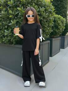 SHEIN Nova Glow Tween Mädchen Lässig Mode koreanischer Stil Einfarbig loses gestricktes Rundhals T-Shirt und weite Hose 2-teiliges Set