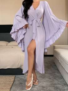 DAZY Romantic Ruffled Flare Sleeve Loose Maxi Women's Sleepwear Bathrobe Pajama - Purple - View 3