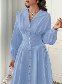 Modelyn Damen Langarm Kleid mit Knopfleiste Einfarbig, elegantes Abendkleid