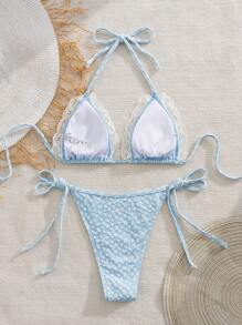 Swim Mod New Women Knitted Jacquard Special Fabric Lace Trim Halter Tie-Front Ruched Sexy Beach Bikini Two Pieces Swimwear For Summer Beach Vacation - Blue and White - View 8