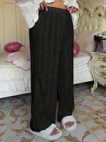SHEIN PETITE Plus Size Solid Color Loose Comfortable Elastic Waist Wide Leg Pants - Black - View 3