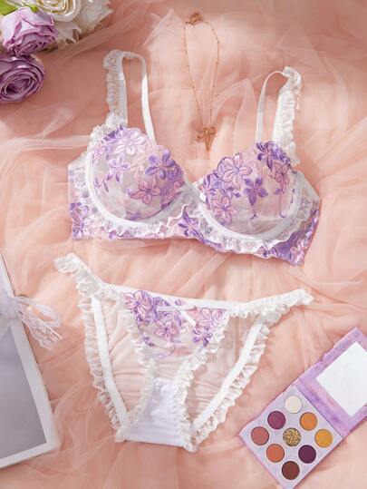 SHEIN 2pcs Floral Embroidery Sheer Lace Lingerie Set
