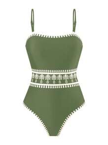 Swim Oasis 全新女式 2 件套海滩花卉吊带连体泳衣和网眼罩裙套装，夏季休闲泳装伊比沙岛服装 - 綠色 - 查看 3
