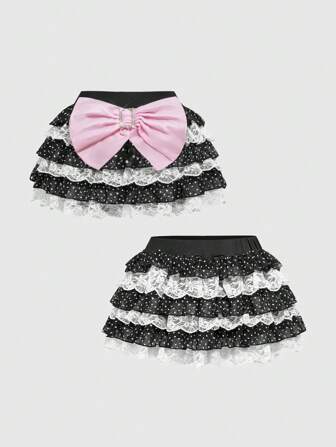 Kawaii Jupe de femme vintage douce et rétro à taille basse, avec volants, dentelle et nœud décoratifs