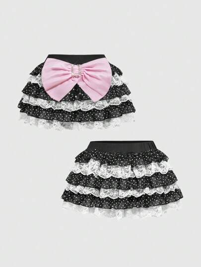 Kawaii Jupe de femme vintage douce et rétro à taille basse, avec volants, dentelle et nœud décoratifs