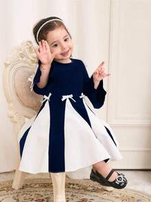 Baby Girl Elegant Dresses With Bow Decorated Two-Tone Color Fall Winter - Blue - View 5