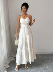 Elenzga Vestido eleg nte de mujer con textura arrugada tejida en color albaricoque, cintura ajustada y volantes en tres niveles, para primavera/verano