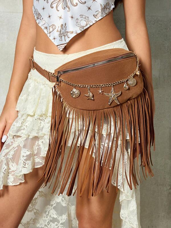 SHECARRY Bolsa de cintura con cadena con dijes con flecos, de moda y cool, estilo Y2K, adecuada para festivales de música