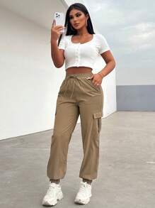 VaVaBold Pantalones cargo casuales de mujer de unicolor con bolsillos y cordón