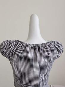 Elamini Black & White Checkered Short Sleeve Shirt With Ruffle Trim, Button Up Fitted Top