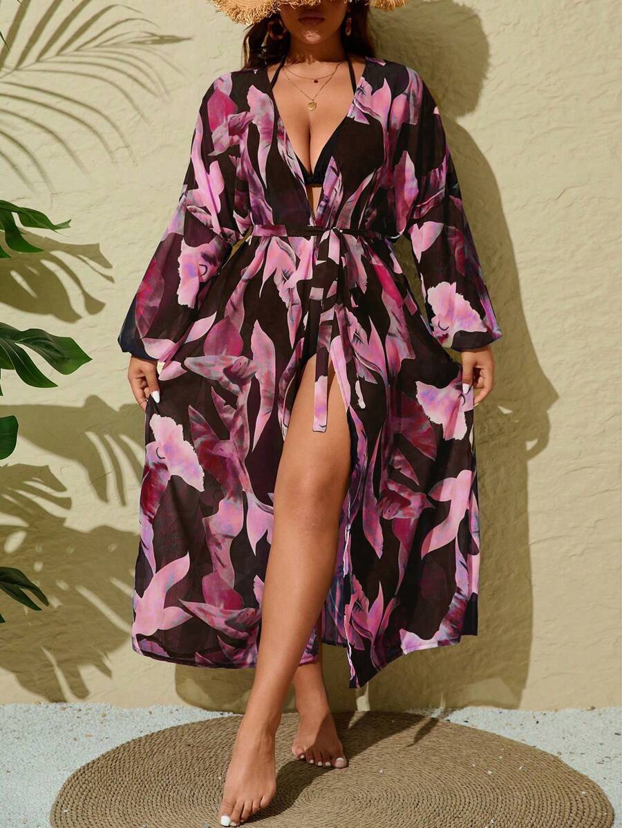 Swim Lushoire Plus Size Women Random Print Long Sleeve Loose Long Kimono For Summer Beach Vacation - Hot Pink - View 1