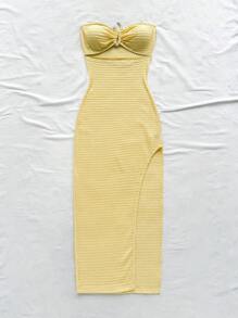 Soleia 女款度假风水绿色纹理针织露肩褶饰露背开衩连衣裙 - 芥末黃 - 查看 4
