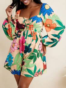 BELANGE HANDMADE Floral Print Flared Long Sleeves Bow Backless Women Jumpsuit Vacation Holiday Beach