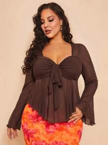 SHEIN BAE Summer Beach Vacation Plus Size Clothing Holiday Clothing Party Gathering, Dating Travel, Going Out, Music Festival Clothing, Concert Clothing, Country Music Festival Clothing,Plus Size Women Tied Front Long Sleeve T-Shirt, Valentine's Day - Brown - View 7