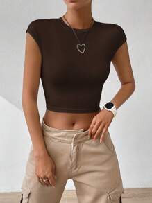 Firerie Women's Solid Color Fashion Backless Twist Short Sleeve T-Shirt - Coffee Brown - View 6