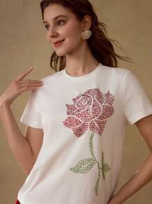MOTF PREMIUM CAMISETA CON ESTAMPADO DE ROSA CON STRASS - Blanco - Ver 3