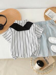 Young Boy Casual Fashionable Classic Striped Print Collared Short Sleeve Shirt With Shawl, Summer Everyday Wear